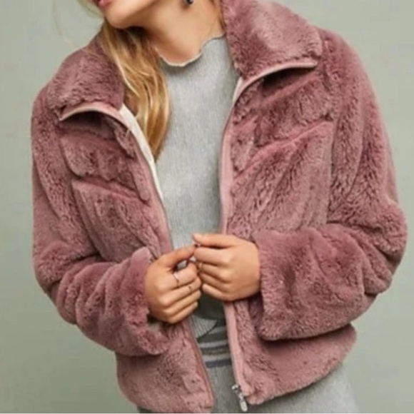 Anthropologie Mauve Faux Fur Bomber Jacket
